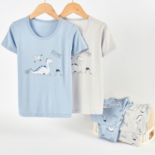 捡漏莫代尔短袖长裤睡衣男孩夏季薄款纯色宝宝空调家居服套装