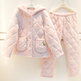 雪尔绵睡衣2026冬季女士珊瑚绒三层加厚夹棉带帽气质宽松家居服套