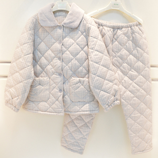 雪尔绵睡衣2026冬季女士浣溪纱小细格三层加厚夹棉气质大方家居服