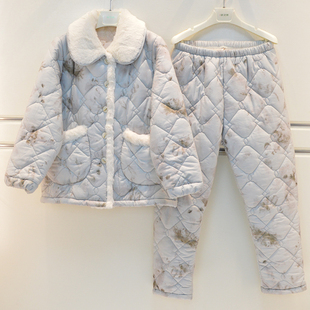 精雅睡衣2026冬季女士梭织坊棉唯美花三层加厚夹棉保暖棉袄家居服