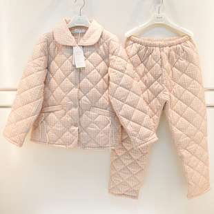 雪尔绵睡衣2026冬季女士浣溪纱小细格三层加厚夹棉宽松淑女家居服