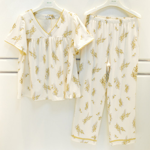 纯棉碎花V领短袖长裤家居服套