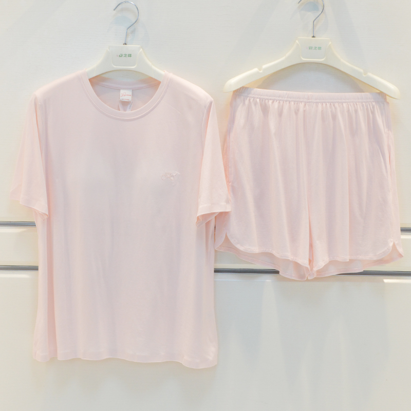 伊姿娇娜睡衣2025夏季女士素色简约休闲带胸垫短袖短裤家居服套