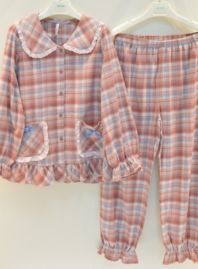 安之伴睡衣2026秋季女士纯棉40支梭织磨毛格子甜美大方宽松家居服