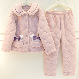 特价安之伴睡衣冬季女士加厚泡芙绒素色三层加厚夹棉简约可爱学生