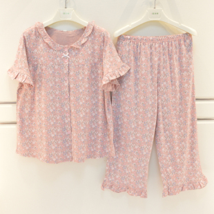 装 芬腾睡衣新品 七分裤 夏季 家居服 女士纯棉针织唯美花大方短袖