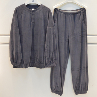 雪尔绵睡衣2026秋冬季男士海岛绒素色薄绒保暖休闲宽松家居服套