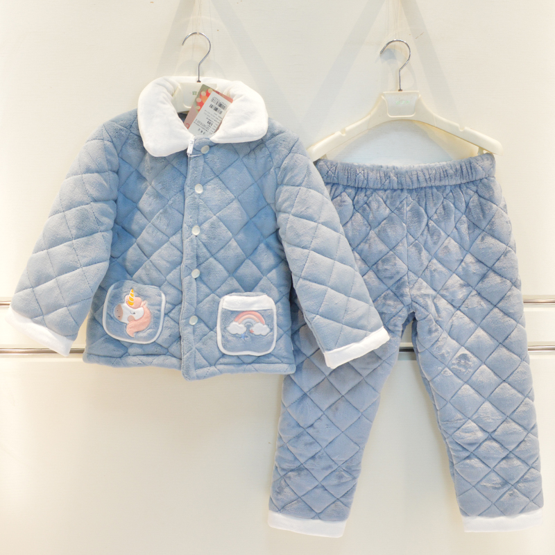 妈咪印象儿童睡衣冬季男女童素色三层加厚夹棉卡通棉袄童装家居服