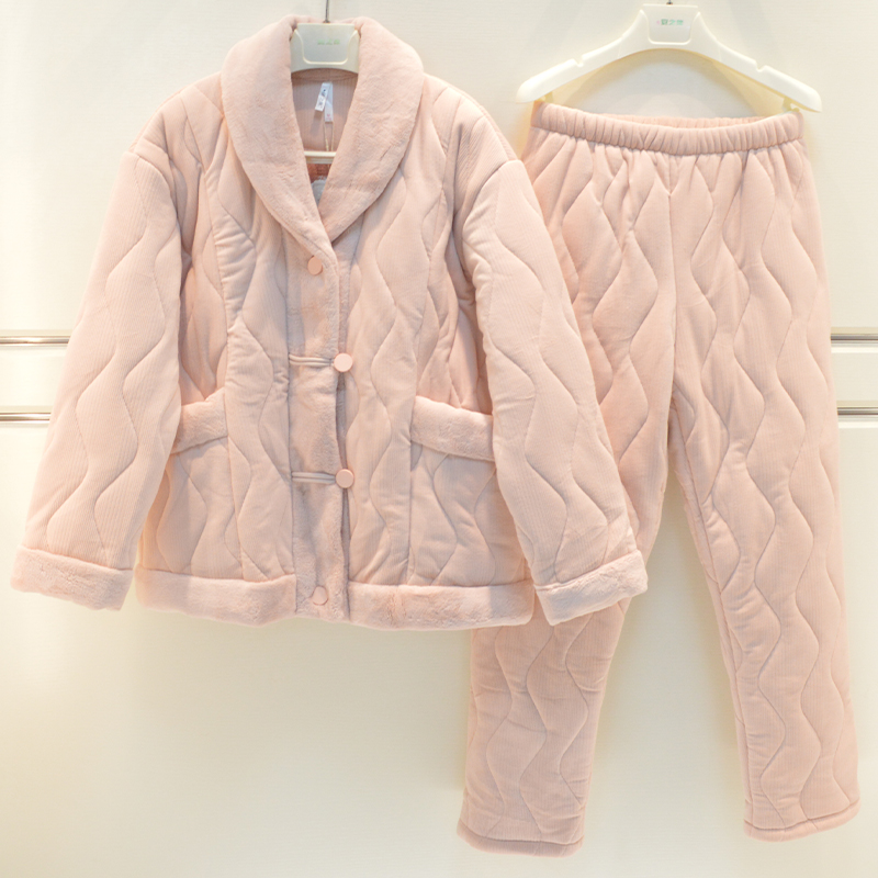 安之伴睡衣冬季女贝贝绒三层加厚夹棉V领韩版甜美时尚棉袄家居服