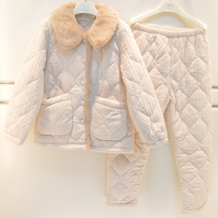 精雅睡衣2026冬季女士牛奶绒三层加厚夹棉素色气质保暖棉袄家居服