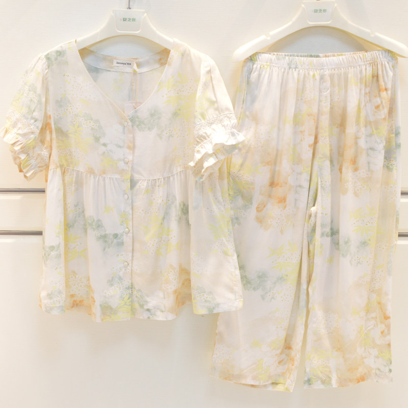 精雅睡衣夏季女天丝棉梭织薄款清凉奢华高贵优雅短袖七分裤家居服