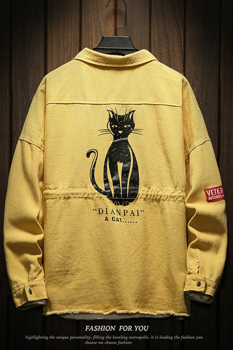 木板风秋季新款猫咪印花夹克男士大码休闲青年宽松外套JK909P75,男装夹克,电商A089-1