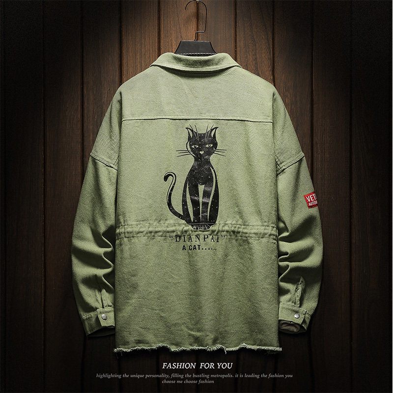 木板风秋季新款猫咪印花夹克男士大码休闲青年宽松外套JK909P75,男装夹克,电商A089-1