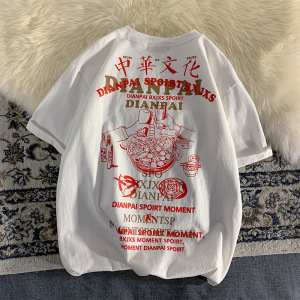 港风平铺文字印花T恤男大码中国风短袖情侣半袖夏新款T096P35控49