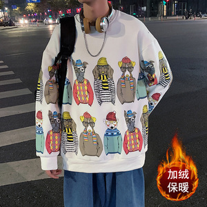 A090  WY53加绒圆领卡通狗卫衣男宽松潮牌嘻哈情侣外套P65限价78图片