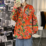 2021春季新款海报风碎花衬衫男抖音ins复古长袖衬衣CS06，男装衬衫，电商A089-1
