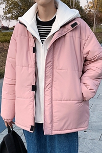 my990* 加厚假两件棉衣男宽松潮流情侣保暖粉色外套图片