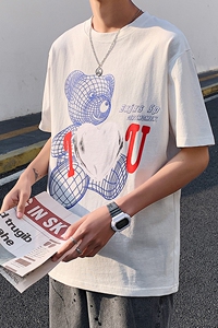 港风新款小熊印花T恤男夏季韩版百搭短袖休闲纯棉中袖T122图片