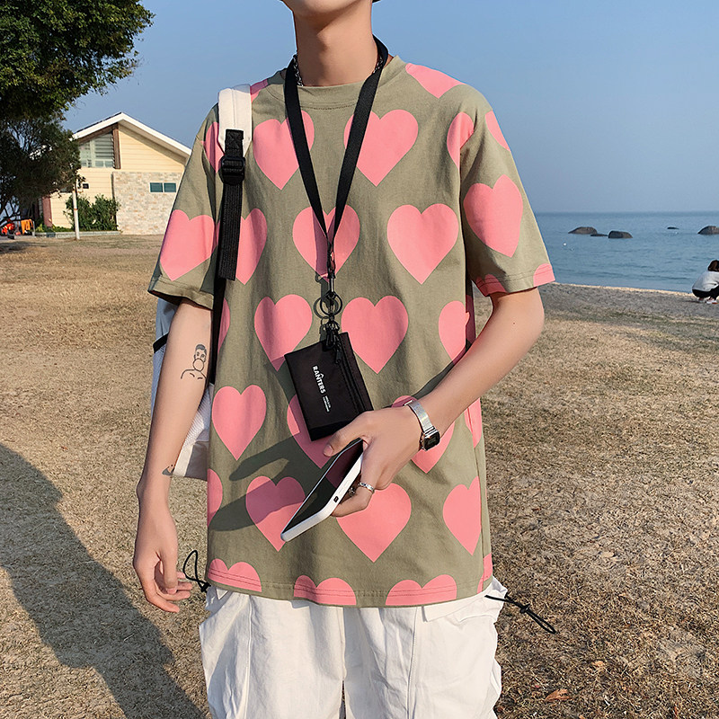 港风新款全身爱心印花短袖T恤男女夏季情侣装纯棉半袖T127图片