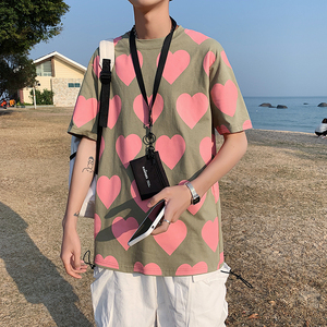 港风新款全身爱心印花短袖T恤男女夏季情侣装纯棉半袖T127图片