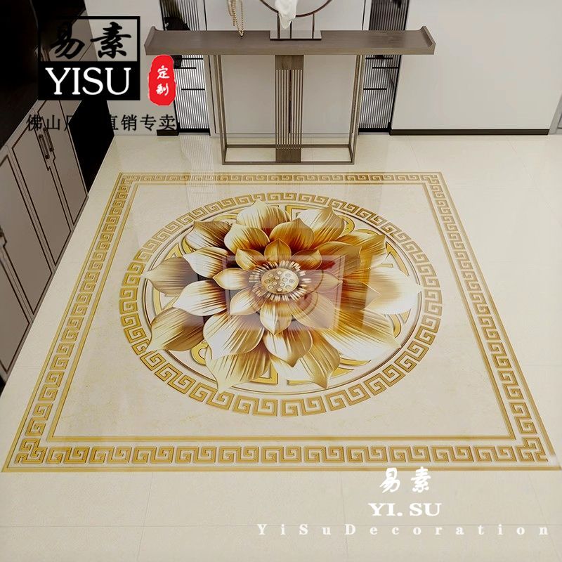 中式佛堂莲花拼花地砖定做寺庙堂厅入户玄关荷花图案造型瓷砖古建