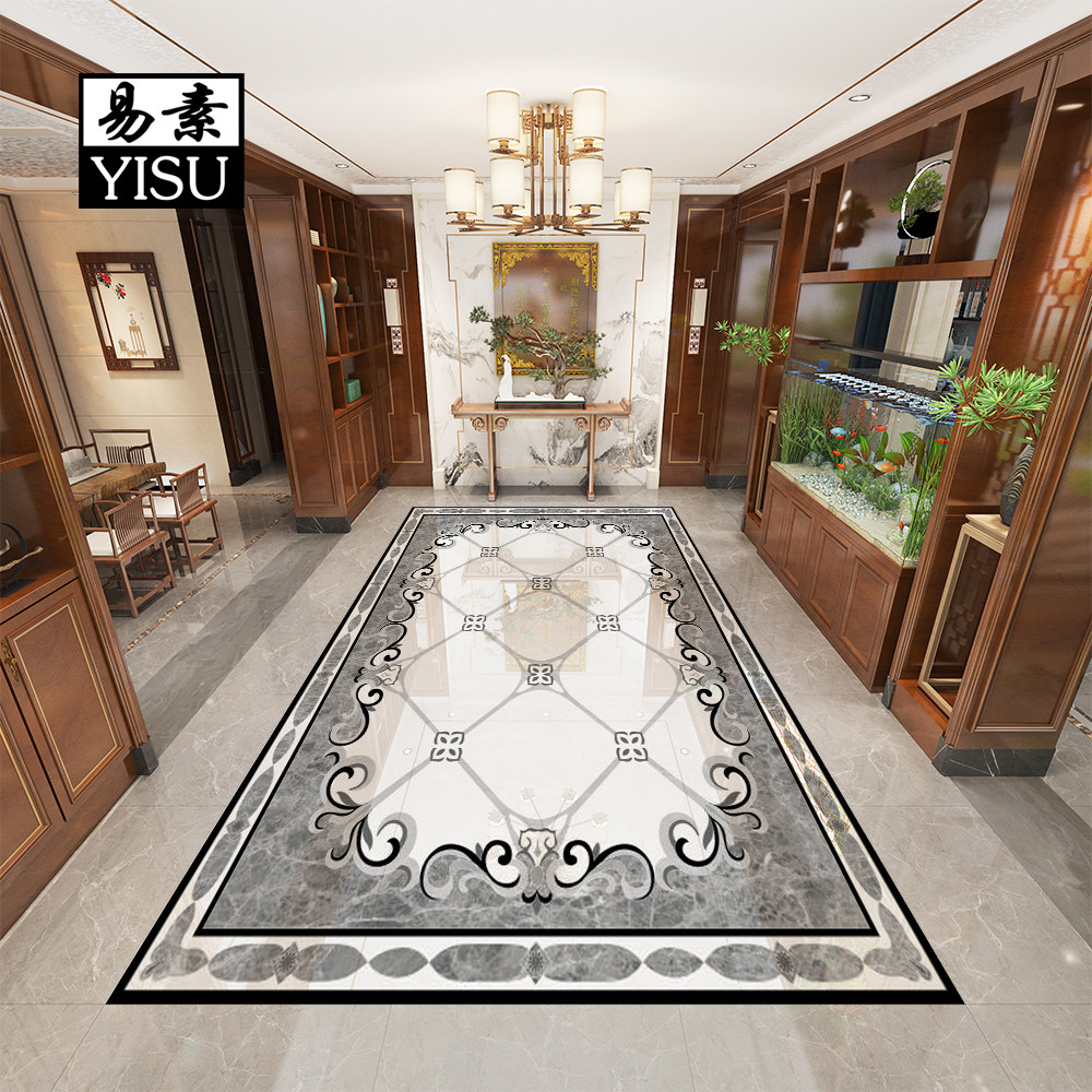 简欧式客厅拼花瓷砖800x800灰色入户玄关进门大厅仿水刀造型地砖
