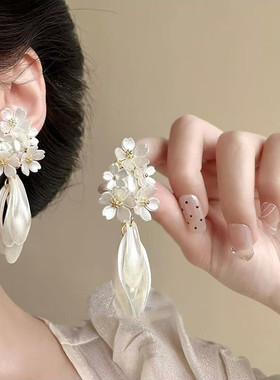 超仙法式茉莉花朵高级感夸张流苏耳环小众设计长款耳坠新娘耳饰女