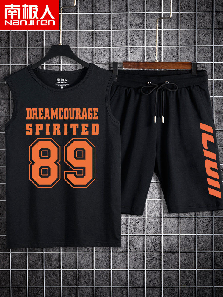 Vest suit men sports basketball hip-hop large size men's clothing a set of summer ice silk sleeveless t-shirt men's trendy brand vest