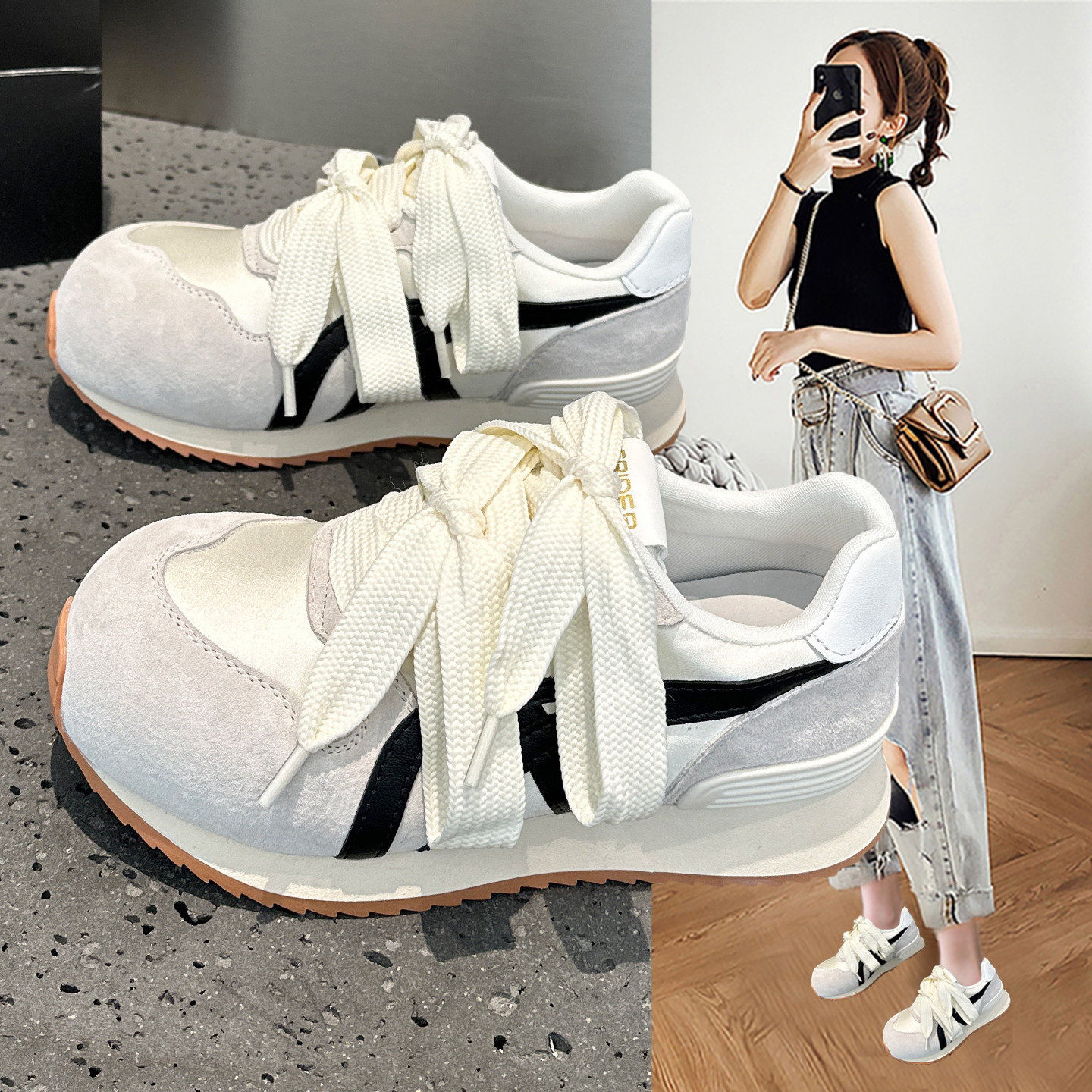 巨好看阿甘小白鞋女2026春季新款百搭真皮单鞋系带大头面包德训鞋,女鞋,德训鞋,淘宝优惠券,粉丝福利购,淘宝优惠卷