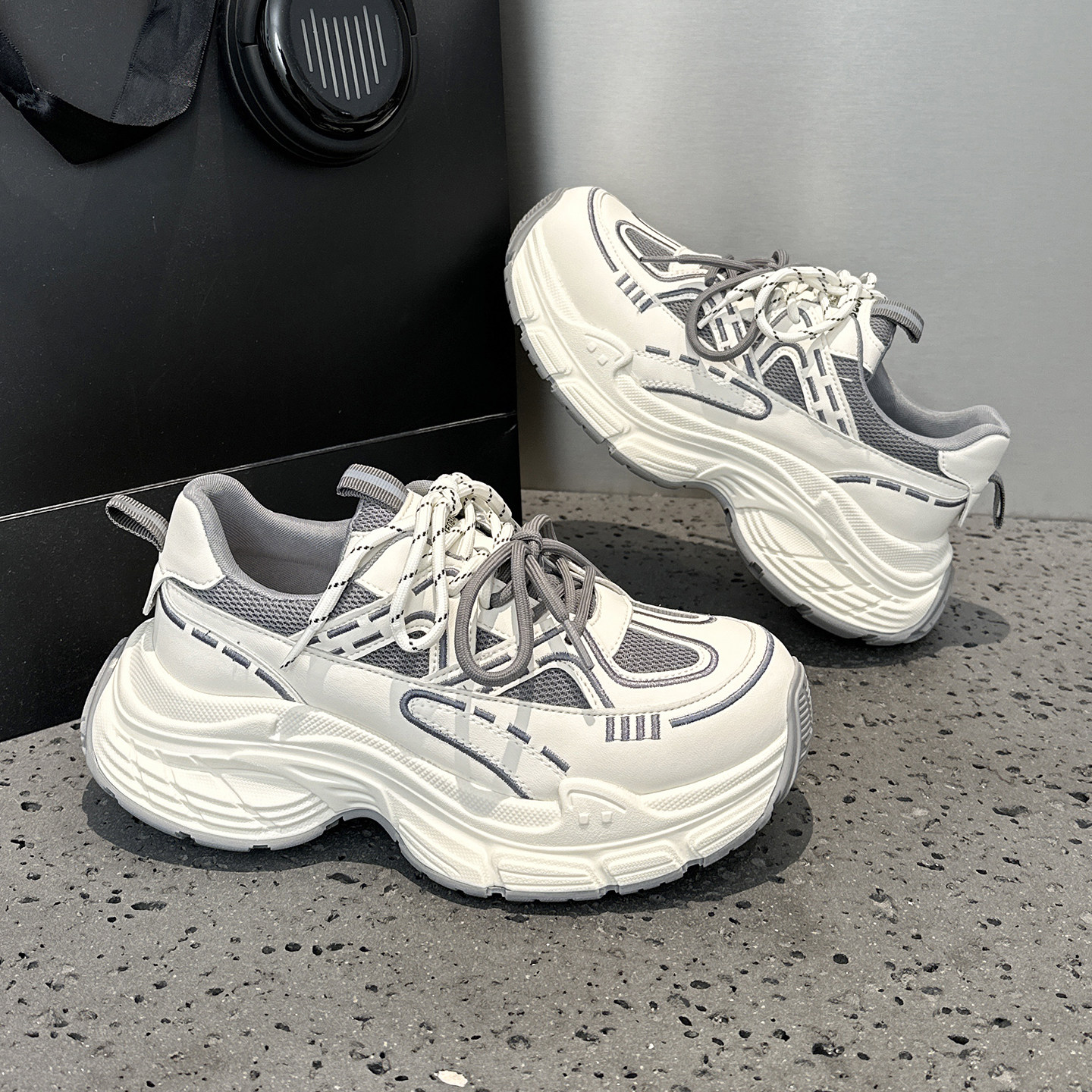 欧洲站灰色老爹鞋女2026春季新款双鞋带厚底增高轻便运动休闲跑鞋,女鞋,时尚休闲鞋,淘宝优惠券,粉丝福利购,淘宝优惠卷