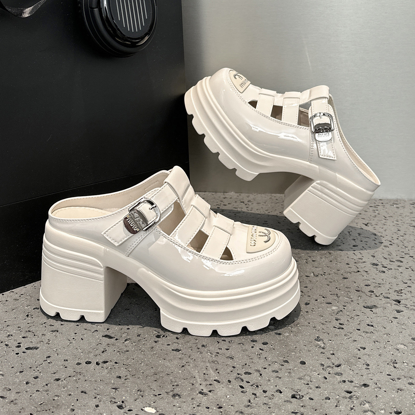 包头镂空半拖鞋女2026新款夏季外穿厚底小个子增高罗马高跟凉拖鞋