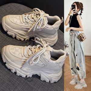 内增高老爹鞋女2023年新款春秋真皮加绒厚底小个子休闲运动小白鞋