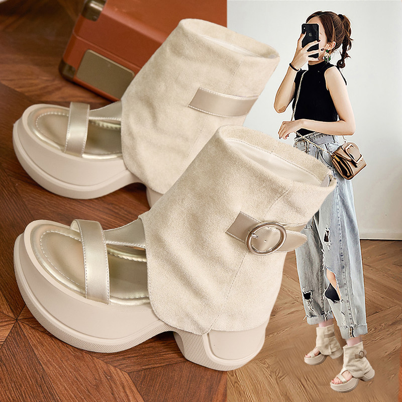 高帮裤管凉靴女夏季外穿2026新款爆款超火厚底小个子增高罗马凉鞋