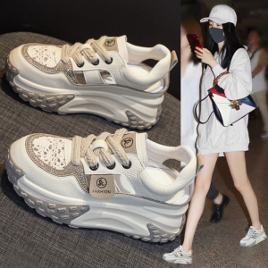 真皮包头内增高凉鞋女2024新款夏季透气镂空厚底休闲运动老爹白鞋