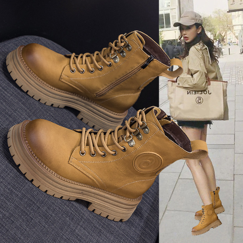 真皮马丁靴女英伦风2025秋季新款复古短靴厚底增高机车工装大黄靴