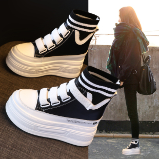 真皮魔术贴高帮鞋女2025新款秋冬加绒棉鞋弹力袜子厚底内增高短靴