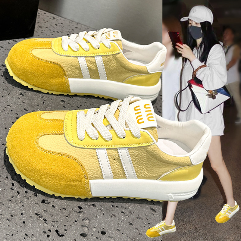 黄色厚底德训鞋女款2026春季新款百搭阿甘小白鞋真皮透气休闲板鞋