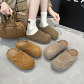 外穿复古厚底增高软底勃肯拖鞋 夏季 女2026新款 真皮包头懒人半拖鞋