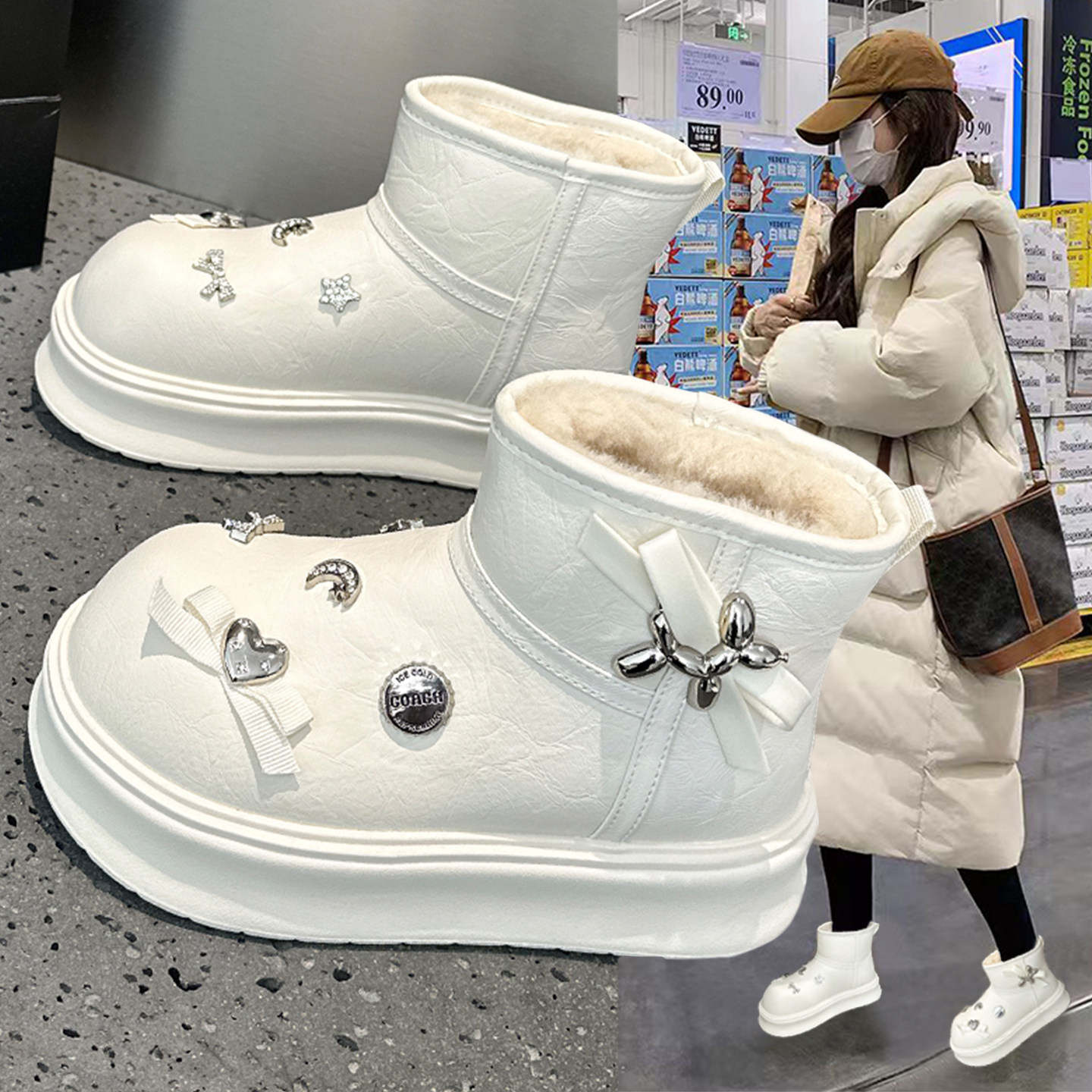 欧洲站白色防水雪地靴女2025新款冬季加绒加厚保暖大棉厚底面包鞋,女鞋,时尚雪地靴,淘宝优惠券,粉丝福利购,淘宝优惠卷