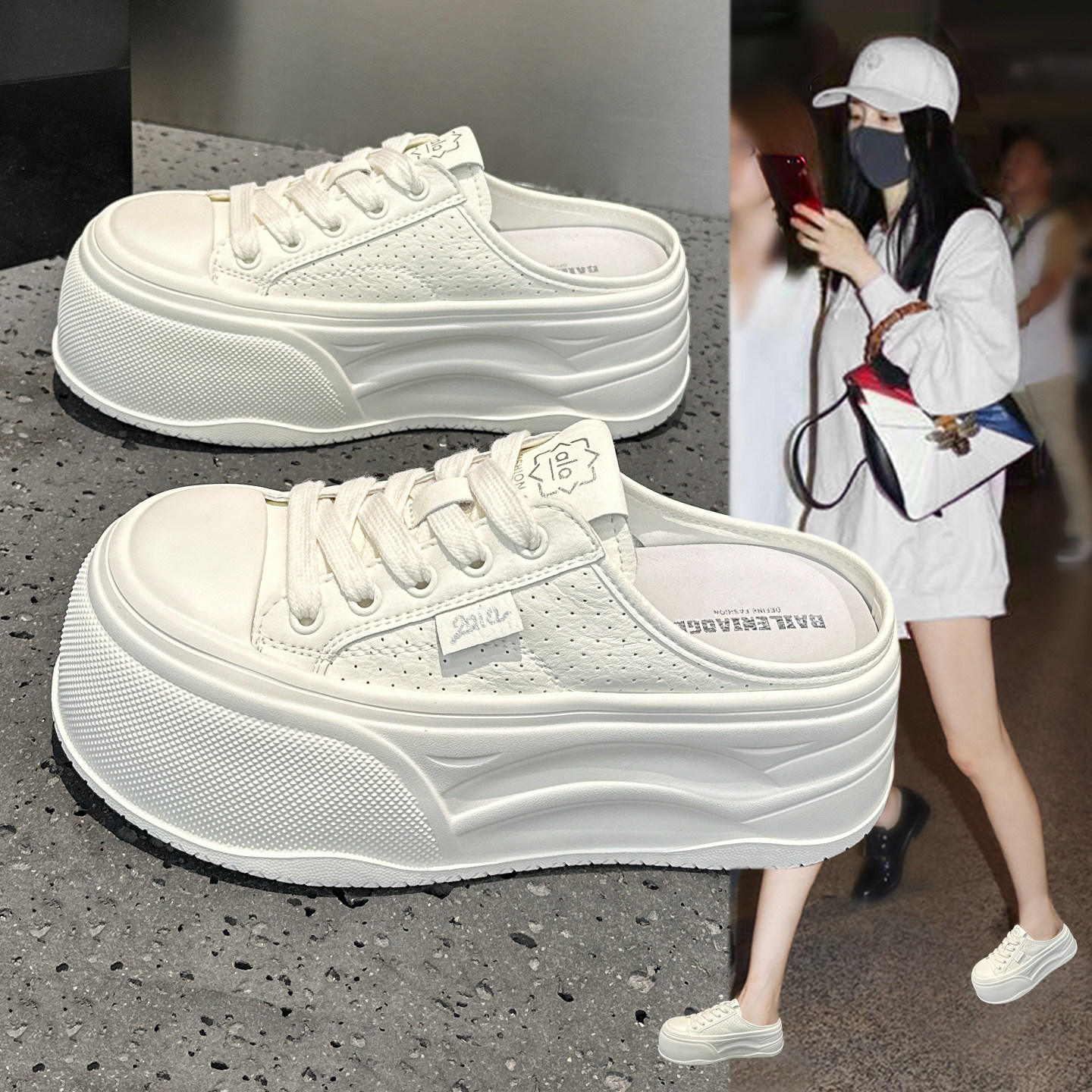 包头半拖小白鞋女2026新款夏季外穿巨好看超火厚底松糕透气洞洞鞋