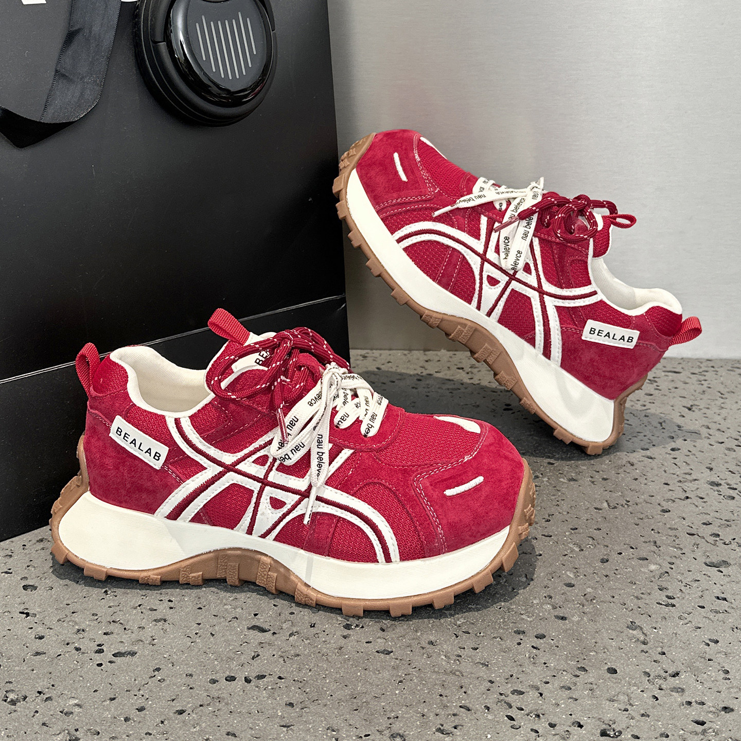 红色小蛮腰老爹鞋女2026春季新款爆款厚底增高巨好看不累脚德训鞋,女鞋,时尚休闲鞋,淘宝优惠券,粉丝福利购,淘宝优惠卷