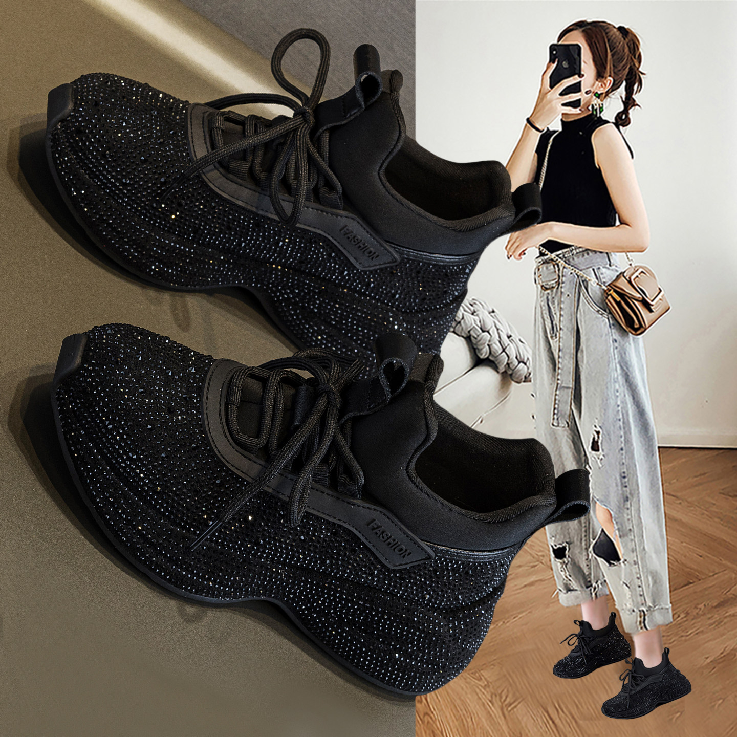 黑色满钻老爹鞋女2025秋季新款爆款显脚小厚底增高运动休闲阿甘鞋,女鞋,时尚休闲鞋,淘宝优惠券,粉丝福利购,淘宝优惠卷