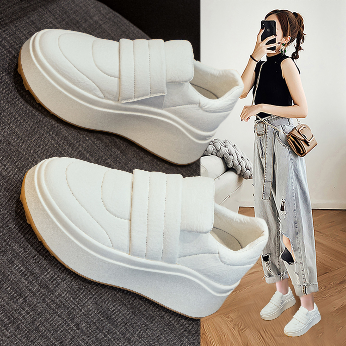 魔术贴小白鞋女2026春季新款百搭软底面包女鞋厚底内增高休闲板鞋,女鞋,休闲板鞋,淘宝优惠券,粉丝福利购,淘宝优惠卷