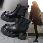 真皮内增高马丁靴女春秋2025新款 英伦风厚底小个子烟筒切尔西短靴