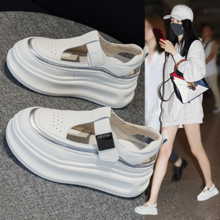 真皮镂空小白鞋女2026新款爆款夏季外穿厚底松糕包头透气洞洞凉鞋