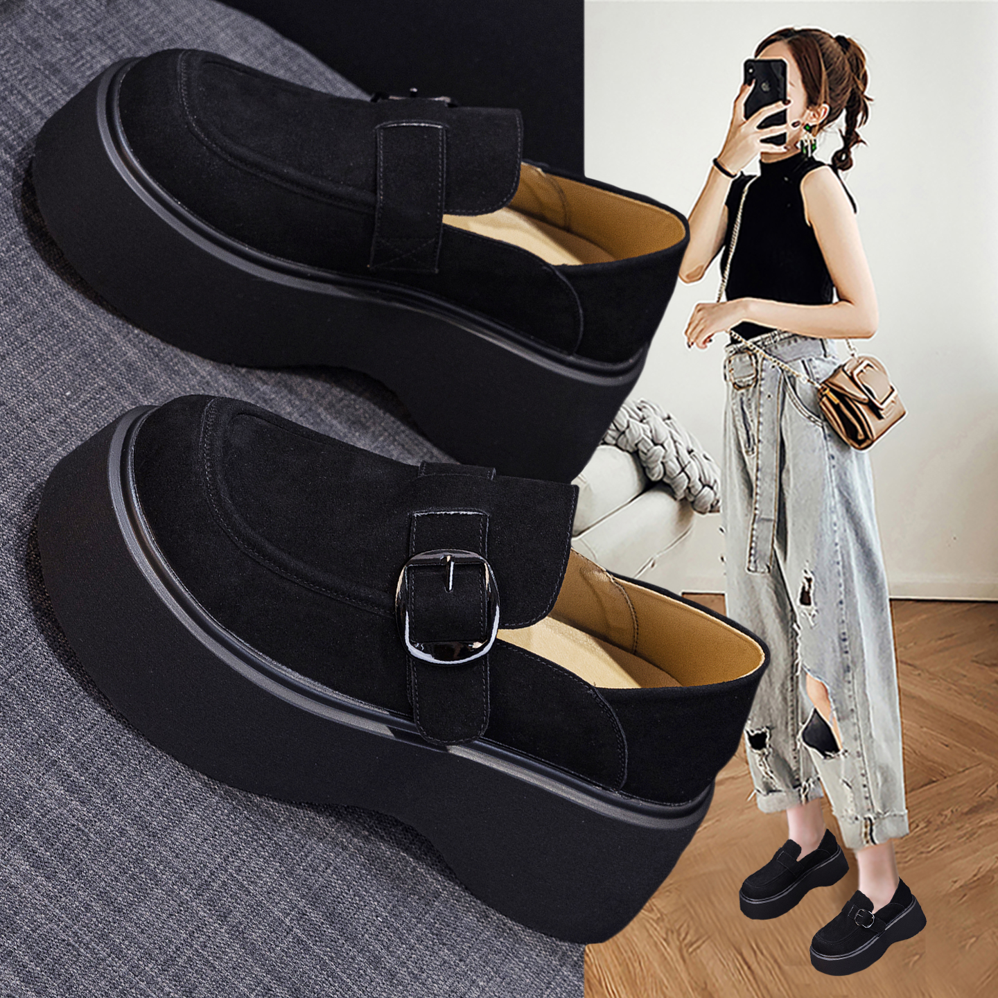 黑色厚底增高勃肯鞋女2025年新款