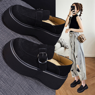 黑色厚底增高勃肯鞋女2025新款秋冬加绒复古两穿一脚蹬懒人乐福鞋