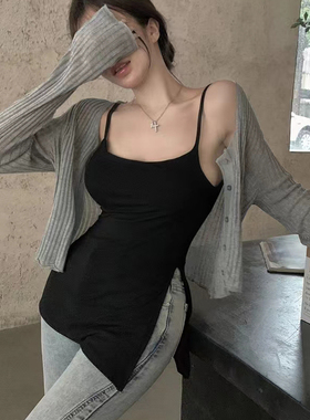 轻熟风性感白色吊带背心女大码黑色莫代尔带胸垫修身打底开叉上衣