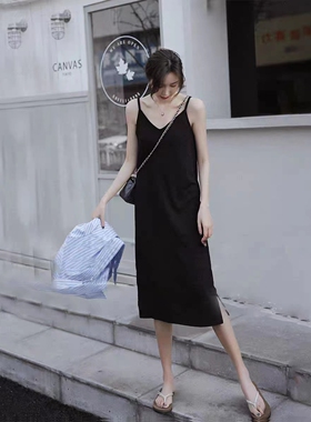 黑色大码宽松直筒吊带连衣裙女夏2022新款莫代尔V领内搭背心长裙