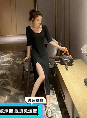 莫代尔新款黑色开叉连衣裙女夏大码宽松显瘦中袖圆领赫本风长裙春